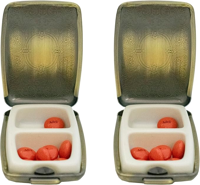Stephanie Imports Set of 2 Victorian-Style Rectangular Dual-Compartment Pill Organizers with Secure Latch and BPA-Free Divider