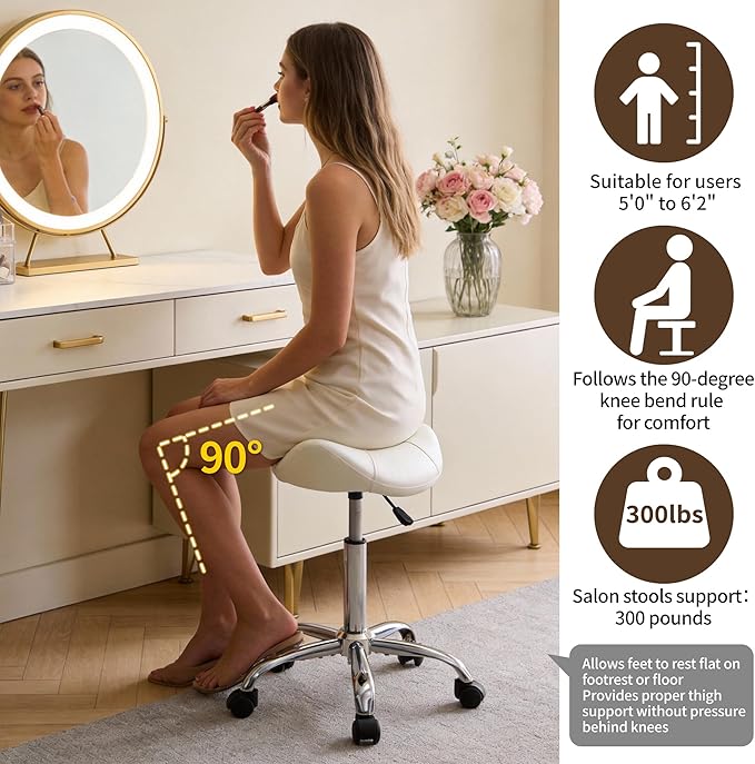 Saddle Stool, Swivel Saddle Stool with Wheels, Adjustable Rolling Stool 18"-26", Faux Leather Rolling Stool for Salon, Massage, Clinic, Lab, Office (White, 1PCS (18"-26"))