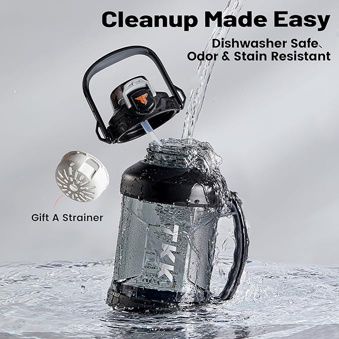 TKK Half Gallon Water Jug Sport Bottle with Straw 2 in 1 Lid Dishwasher Safe BPA Free Leakproof Large Capacity Tritan Plastic Bottle 1/2 Gallon 64oz Water Bottle for Gym Travel Camping Outdoor, Black