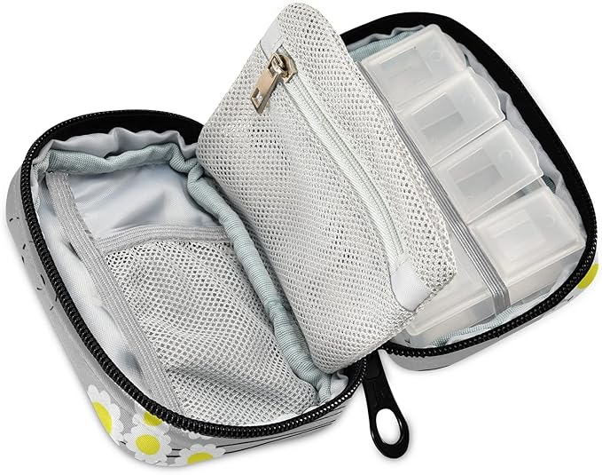 Cartoon Daisy Bee Pill Box 7 Day Pill Case Travel Pill Organizer Bag with Zipper Portable Weekly Case Compact Size for Vitamin Supplement Holder