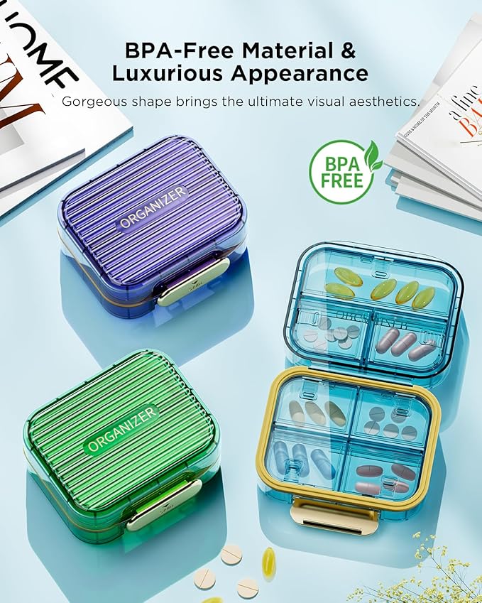 Acedada Small Pill Box, Travel Pill Organizer, Compact 7-Compartment Moistureproof Pill Case for Purse, Chic Daily Pill Container, Portable Medicine & Vitamin Holder for Fish Oil & Supplements, Purple