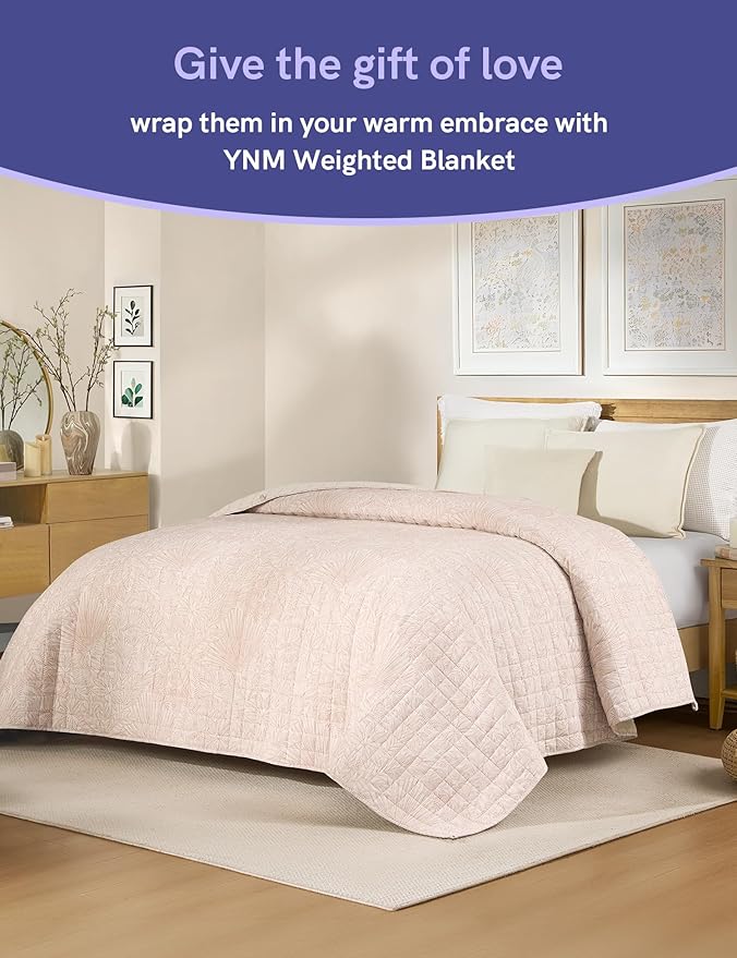 YnM King Size Linen Weighted Blanket for Adults (88x104 Inches, 25 Pounds, Palm Tree), Exclusive Smallest Compartments, Heavy Bed Blanket for Two Persons of 110~190lbs on Queen or King Bed