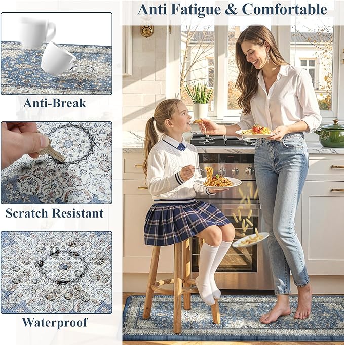 Collive Boho Blue Kitchen Mats Cushioned Anti Fatigue Mats, Non-Slip Kitchen Floor Mats, Kitchen Rugs for Sink, Laundry,Office, 17”x30” Waterproof Standing Desk Mat