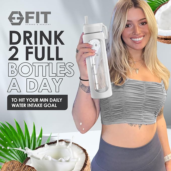 FIT Strong & Healthy 32 oz Glass Water Bottle with Straw Lid - Wide Mouth Borosilicate Glass Water Bottles with Time Marker, Silicone Sleeve & Extra Lid - 1L Large Motivational Drinking Bottle