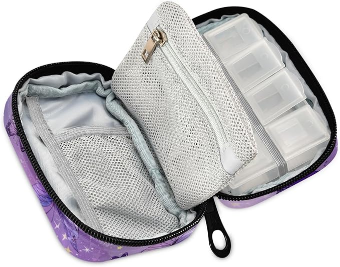 Pink Cute Butterflies and Stars Travel Pill Organizer Case Box Container Weekly Portable Vitamin Medicine Holder Storage Bag with Zipper Removable