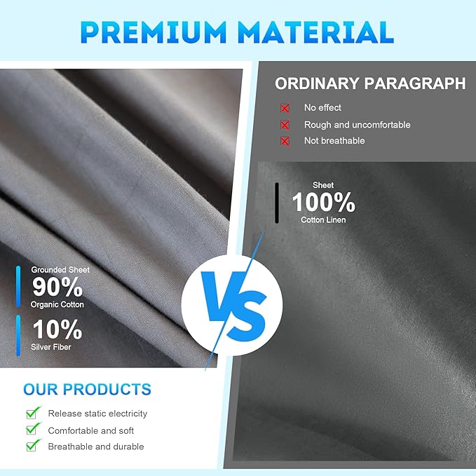Levoo Grounding Sheets Cal King 90% Organic Cotton + 10% Pure Silver Fitted Grounded Sheet for Healthy Sleep Therapy Earth Connected Bed Sheet with Long Grounding Cord (Gray 72"x 84"x 16")