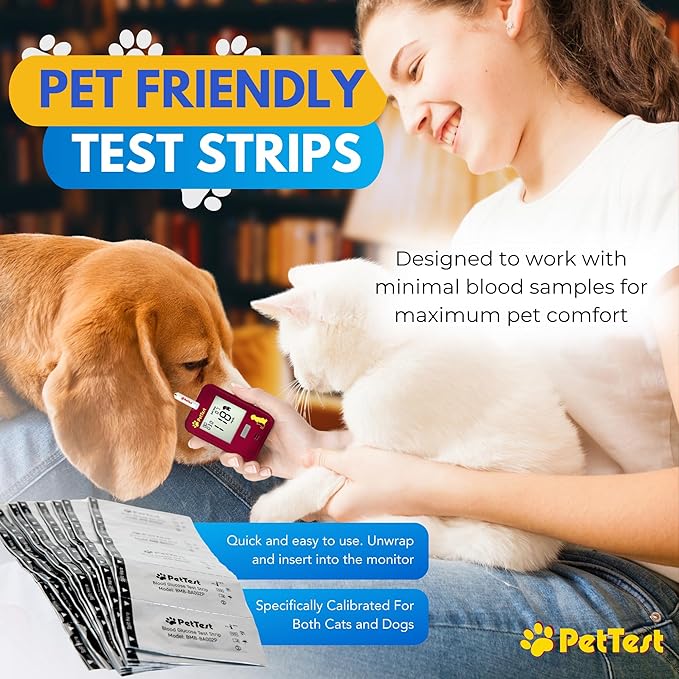 PetTest Blood Glucose Test Strips, Easy Open for Use with a Glucometer Monitor for Dogs & Cats, sterilized and Individually Sealed, 50 Pieces