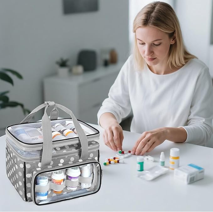 LUXJA Double-Layer Medicine Bag with Transparent Compartment, Pill Bottle Organizer with Detachable Divider (Suitable as a Home or Travel Medicine Bag), Polka Dots