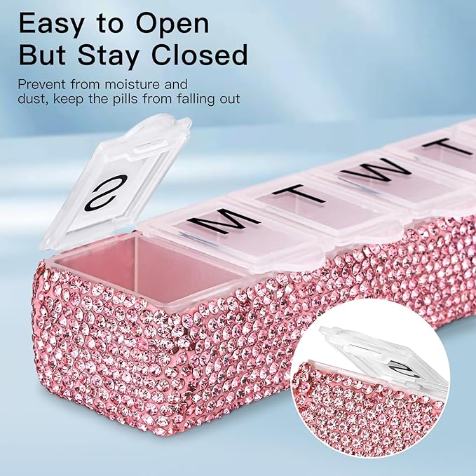Soleebee Portable Weekly 7 Day Pill Organizer, Bling Crystal Pill Box Case, Travel Pill Planner, Pill Dispenser, Medicine Vitamin Container Organizer (Pink)