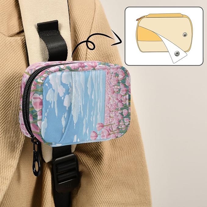 Pink Tulip Field and Blue Sky Travel Pill Organizer Case Box Container Weekly Portable Vitamin Medicine Holder Storage Bag with Zipper Removable