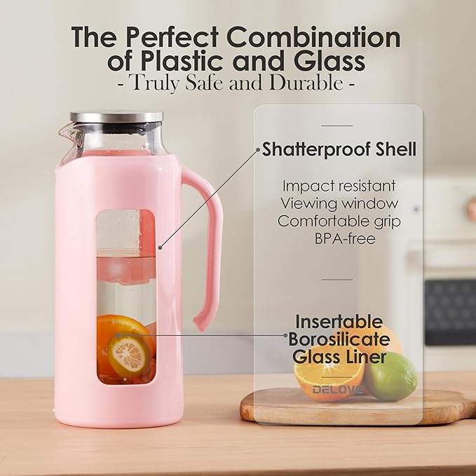 Delove Glass Pitcher with Lid & Shatterproof Shell – Heat-Resistant Borosilicate Glass Jug, 2 L/68 oz with Handle & Spout – Perfect for Iced Tea, Juice, Hot & Cold Waterr (Pink)