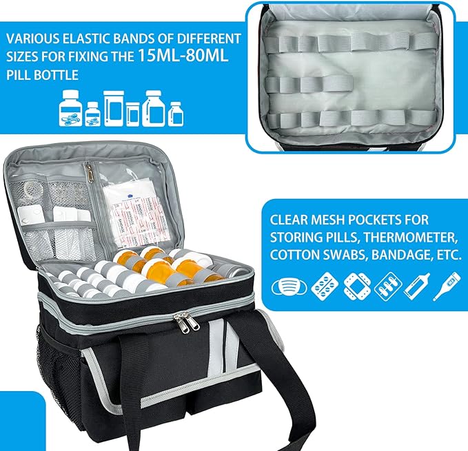 Double Layers Medicine Organizer Storage Bag with Dividers | Pill Bottle Organizer Bag | First Aid Bag | Medication Organizer Bag | Medical Bag for Medical Supplies & Equipment