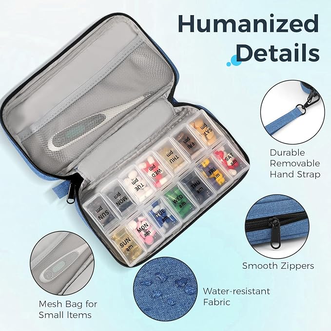 Weekly Pill Organizer 2 Times a Day, Travel Pill Box 7 Day with Large Opening, Pill Case with Handle, Pill Dispenser Medicine Organizer for Vitamins, Fish Oils, Medications, Supplements (Blue, Large)