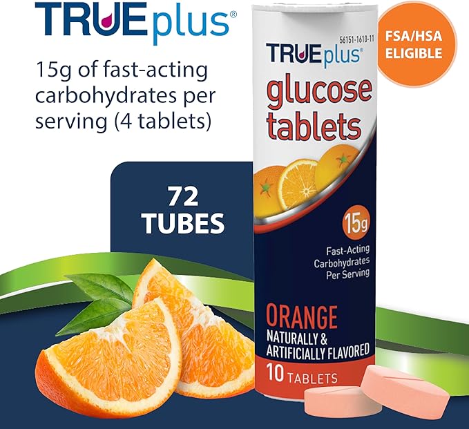 TRUEplus Glucose Tablets, Chewable, Orange Flavor, 15g Fast-Acting Carbohydrates, Fat Free, Gluten Free, Raise Low Blood Sugar and Boost Energy, 10 Count, 72 Tubes