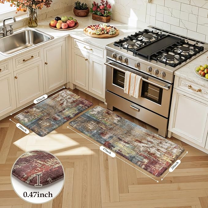 LEEVAN Kitchen Mats Cushioned Anti Fatigue Sets of 2,Non Slip Waterproof Kitchen Mats for Floor,Memory Foam Comfort Abstract Red Kitchen Floor Mat for Sink,Laundry,Home,Office,Desk(20"x31"+20"x47")
