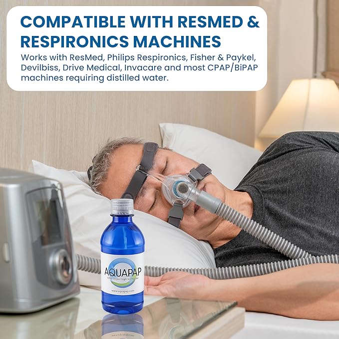 AQUAPAP 12 Ounce 8 Pack Vapor Distilled CPAP Water | 1-2 nites per Bottle | for use with Resmed and Respironics Machines