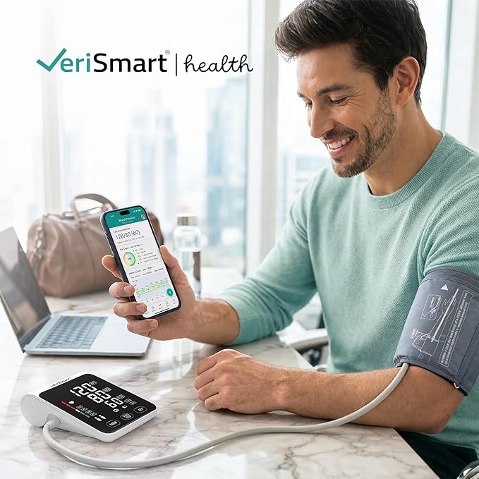 Smart Bluetooth Blood Pressure Monitor by VeriSmart Health - FDA-Cleared, Vivid 6.5" LED, Comfort-Inflate Tech, Ultra-Slim Design, Battery & USB-C, Wireless Secure US-Hosted App