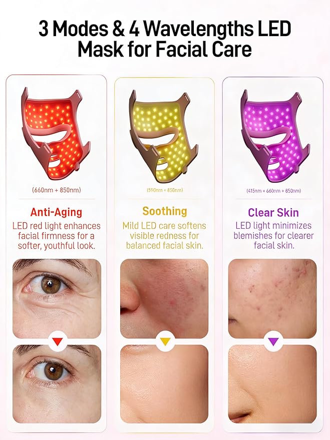 Red Light Mask, Silicone Cordless Led Mask with 368 Chips 2000mAh Rechargeable 3 Modes & Timer, Blue Light Infrared Face Mask Home Travel Working, Pink