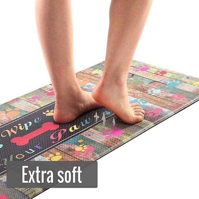 Extra Large Kitchen Mat Cushioned Anti-Fatigue Floor Mat,Waterproof Non-Skid Kitchen Mats and Rugs Heavy Duty Comfort Standing Mat for Home, Office, Sink, Laundry,Colorful Paws (Black/Green)