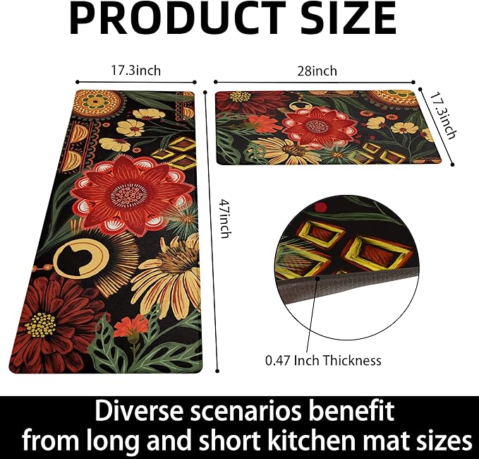 Black Boho Floral Kitchen Mats Rugs Sets of 2 Christmas Red Cushioned Anti Fatigue Floor Mat Comfort Kitchen Rugs Farmhouse Style Non Slip Waterproof Botanical Standing Mat for Sink Laundry