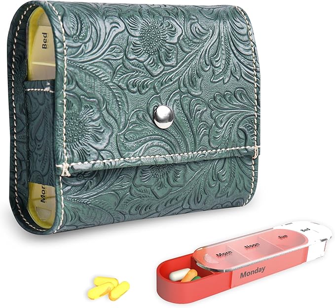 Pill Organizer,LIZIMANDU Weekly Travel Pill Case Box Medication Reminder Daily AM PM, Day Night 7 Compartments,for 4 Times A Day, 7 Days a Week-Includes Leather PU Carrying Case(1-Carved Green3)