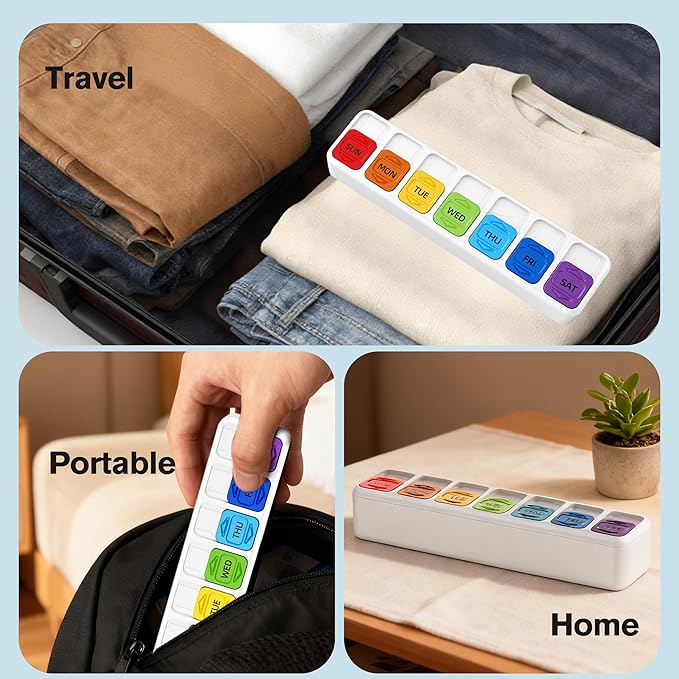 Restree Weekly Pill Organizer Once a Day, Daily Medicine Organizer with Slide-Lid, 7 Day Portable Travel Pill case, Vitamin & Supplement Organizer (White)