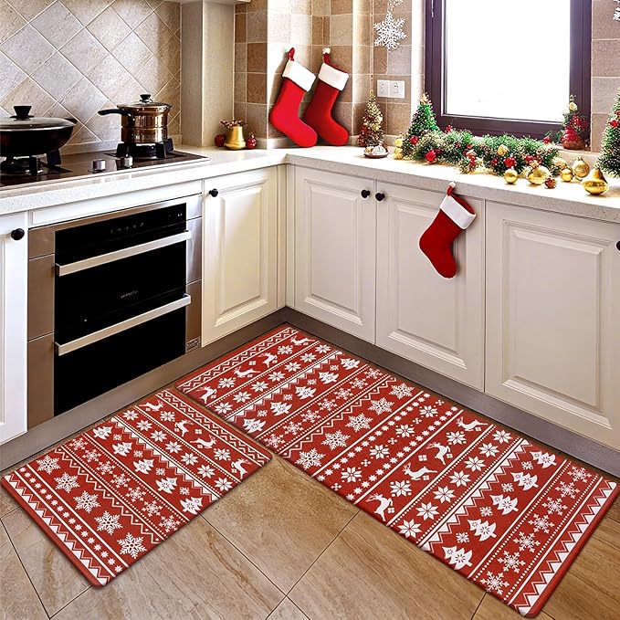 SHACOS Christmas Kitchen Rugs Set of 2 Anti-Fatigue Kitchen Mats Cushioned Red Mats White Deer Snowflakes Christmas Trees Boho Style Kitchen Mats and Rugs for Xmas 17x27.5+17x47, Boho Red