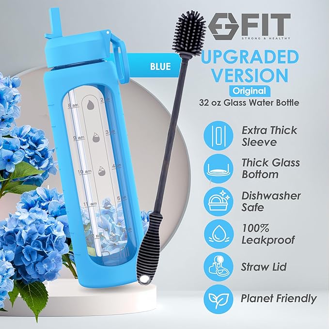 FIT Strong & Healthy 32 oz Glass Water Bottle with Straw Lid - Wide Mouth Borosilicate Glass Water Bottles with Time Marker, Silicone Sleeve & Extra Lid - 1L Large Motivational Drinking Bottle