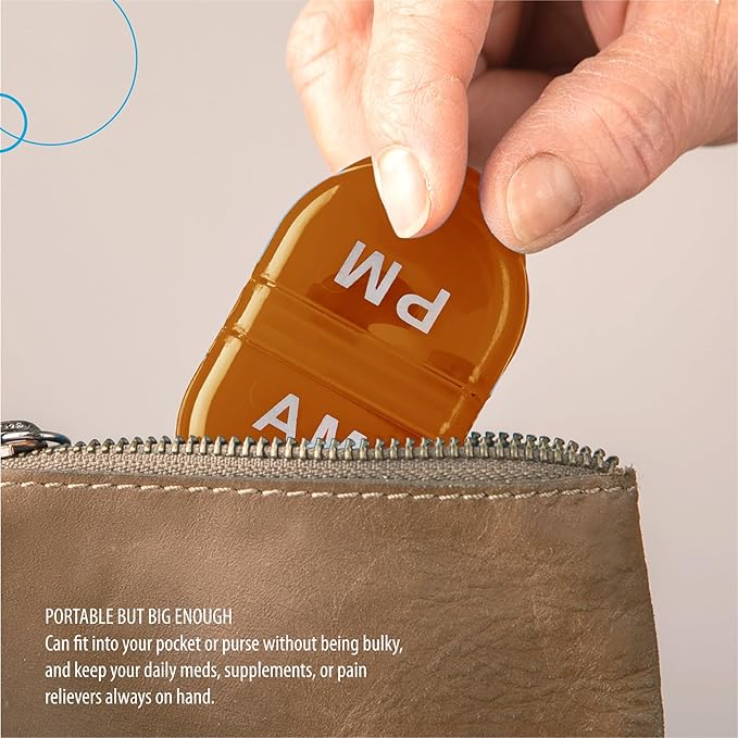 Deke Home - Pill Organizer AM PM, 2 Compartment Pill Box for Pocket or Purse, Small Daily Medicine Case, Travel Pill Holder, Easy Open Pill Container for Seniors, Vitamins & Supplements (Orang)