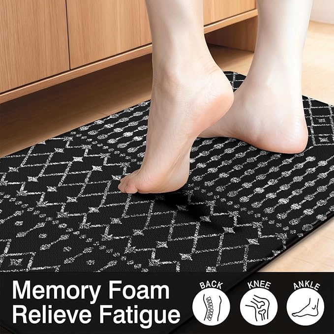 Anti Fatigue Kitchen Rugs Set of 2, Boho Kitchen Mats for Floor, Boho Kitchen Decor, Anti-Slip and Anti-Fatigue Foam Standing Mat,17x30 inch Sink Mat+17x48 inch Runner Rug Black