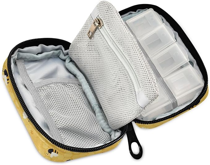 Yellow Bee Honeycomb Pill Organizer Case 7 Day Travel Pill Box with Zipper Portable Weekly Vitamin Medicine Supplement Holder Pouch Bag
