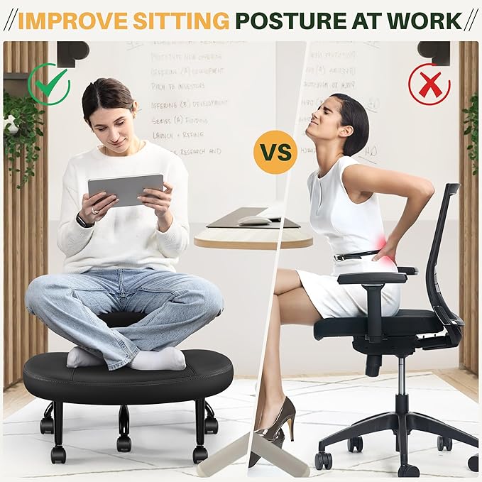Primy Criss Cross Office Chair - ADHD Cross Legged Chair with Wheels - Adjustable Height Ergonomic Kneeling Desk Chairs for Meditation Yoga Home Office with Backrest, 360°Rotating Footrest - Black