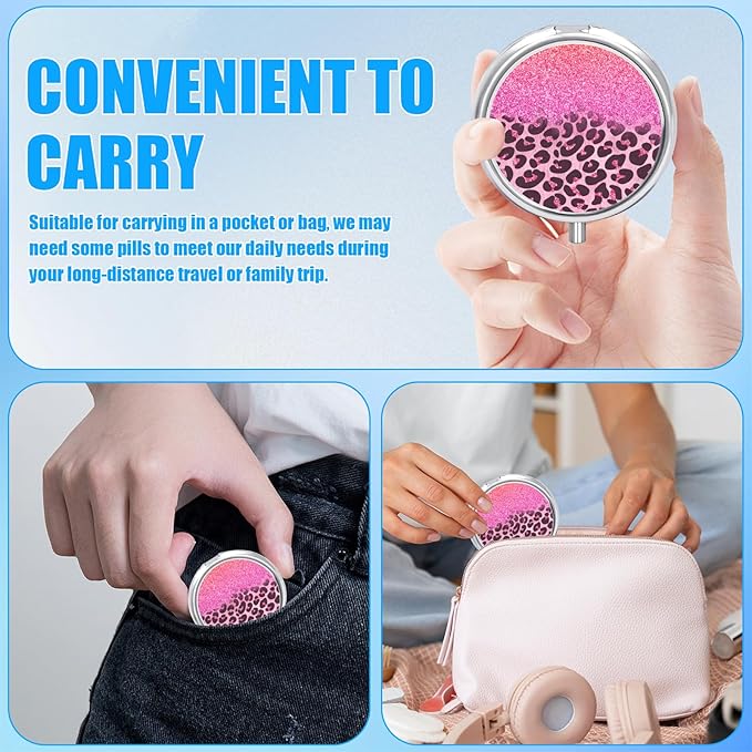 Pill Box, 3 Compartments Small Pill Case Travel Portable Metal Medicine Box with Mirror Mini Container for Purse Pocket Women Men(Pink Glitter)