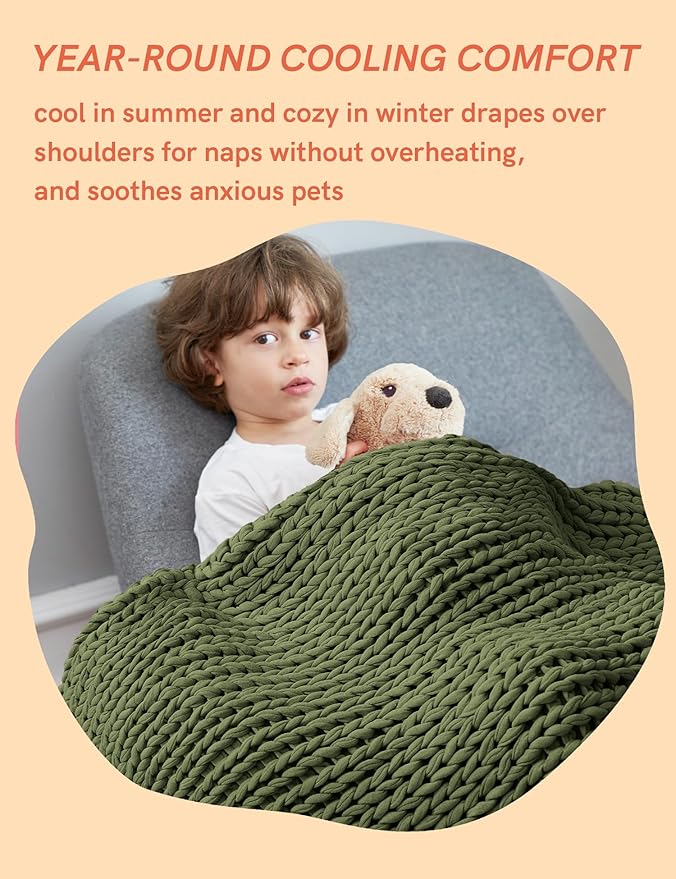YnM Cooling Weighted Blanket, 100% Cotton Handmade Chunky Knitted Blanket, Weighted Lap, Breathable Heavy Blankets, Machine Washable Throw for Sleep or Home Decor (Pine Green, 50x60 Inch, 10lbs)