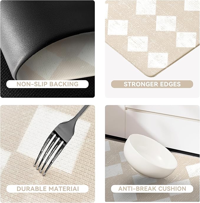 Moroccan Trellis Cream Checkered Kitchen Rug Sets [2 PCs], Anti-Fatigue, Waterproof Non-Slip Kitchen Mats Heavy Duty Ergonomic Comfort Foam Rug for Floor, Home, Laundry,17"x29"+17"x47"