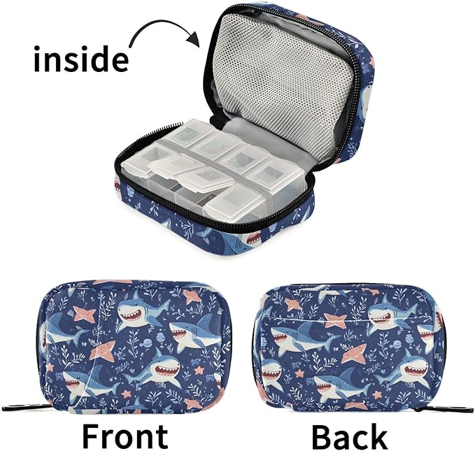Fustylead Cute Cartoon Sharks and Seaweed Travel Pill Organizer Case Zipper for Purse with Removable Weekly Pill Box for Medicine, Vitamin, Supplement Medicine Organizer