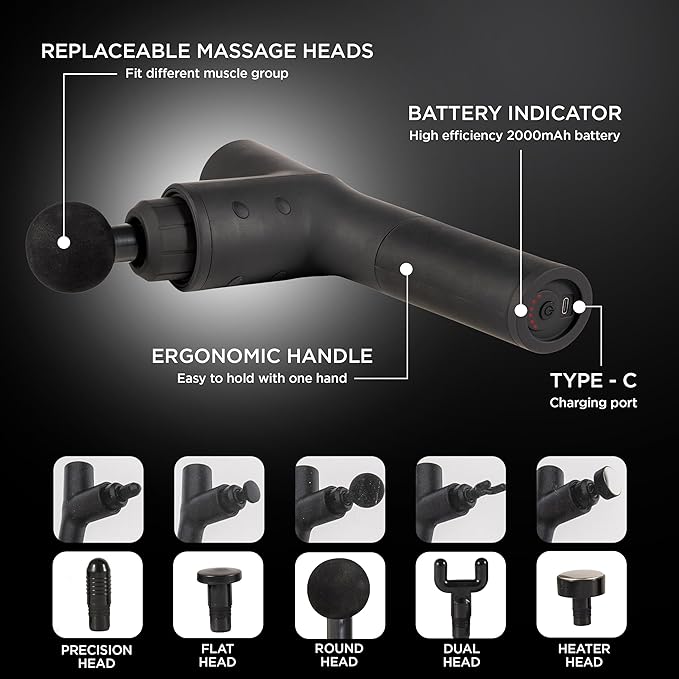 Deep Tissue Muscle Massage Gun | Powerful Handheld Percussion Massager | Back | Neck | Full Body Muscle Recovery | 22 lbs Stall Force | 8 mm Amplitude | 6 Speeds | Quiet | 240 Min Battery