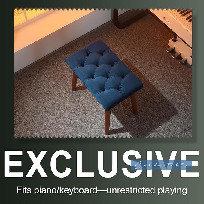 AKLOT Velvet Upholstered Piano Bench: Rubberwood Legs with 300-Pound Load Capacity, Ergonomically Set Seat Height, Easy Assembly, Purpose Keyboard Stool for Vanity, Bedroom & Living Room (Dark Blue)