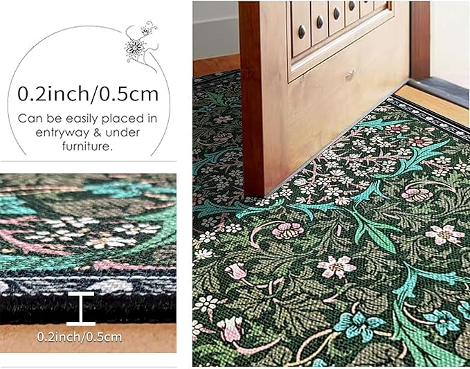 Vintage Floral Kitchen Mat Set of 2, Dark Green Floral Kitchen Rugs and Mats Non Slip Washable, Home Decor Low-Profile Kitchen Rugs for Floor (17”x30“+17''x47'')