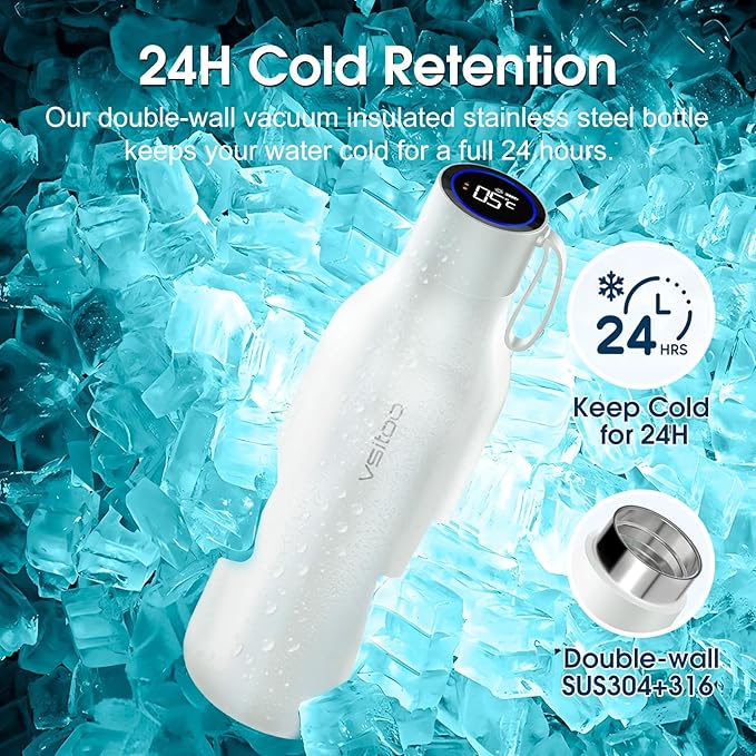 VSITOO 33oz Smart Self-Cleaning Water Bottle，Large Insulated Stainless Steel Bottle with AI Self-Clean, 30-Day Battery & Magnetic Charging for Outdoor Travel, Gym or Office, White
