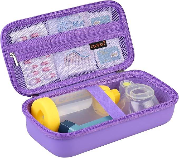 Canboc Travel Carrying Case for Asthma Inhaler, Handheld Spacer for Adults and Kids, Masks, Hard Inhaler Case with Mesh Pocket fit Medicine and Other Essentials, Purple