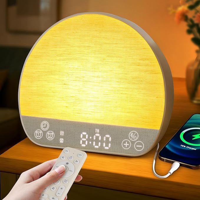 Sunrise Alarm Clock Wake Up Light for Heavy Sleeper, White Noise Sound Machine 37 Sounds, Bluetooth Speaker, Tap Snooze, Remote Control, USB Port, 15 Color Dimmable NightLight for Bedroom