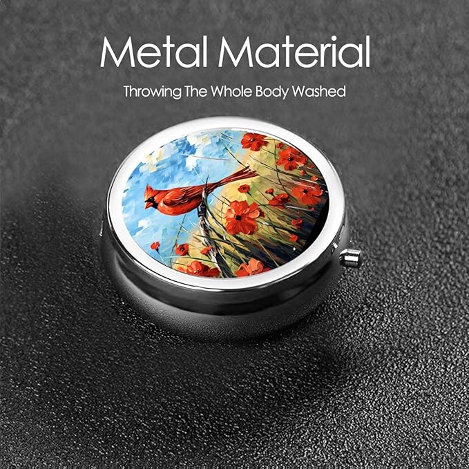 Flower Poppy Cardinal Pill Box 3 Compartment Pill Case, Portable Medicine Pill Organizer for Pocket Purse Pill Box Decorative Metal Medicine Vitamin Organizer