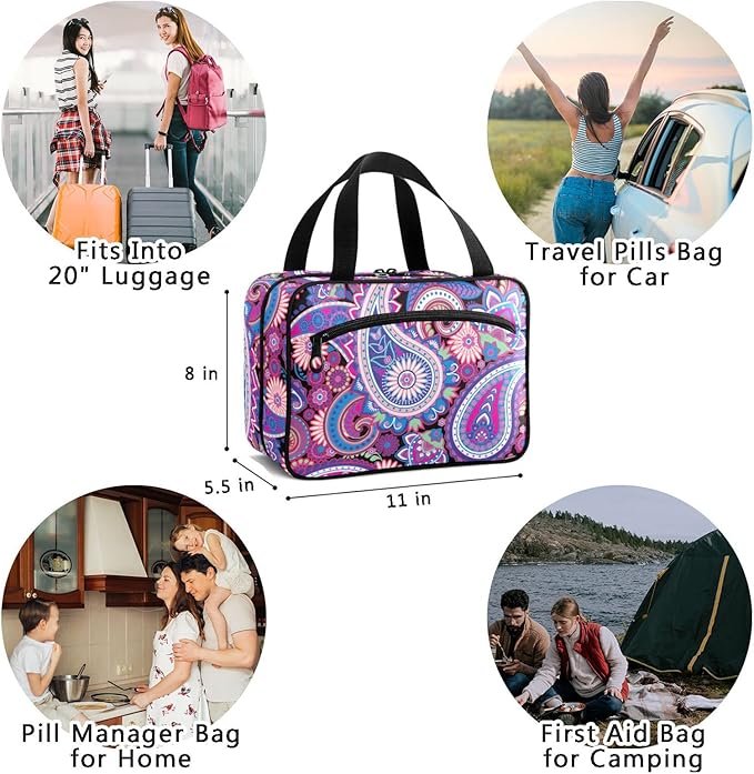 Naanle Pill Organizer Bag Travel Pill Bottle Medicine Organizer Home Storage Medication Bag for Vitamin Supplements, Traditional Paisley Flowers Empty First Aid Bag for Car Camping, 1.0 Count