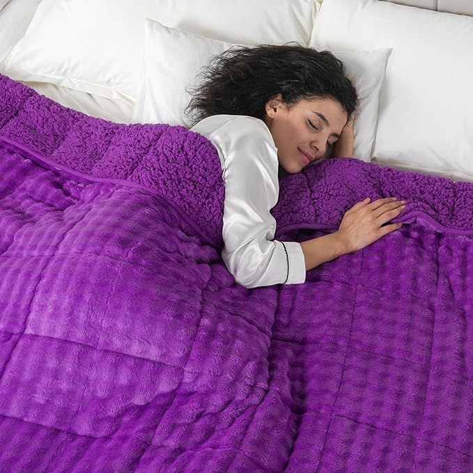 Cottonblue Weighted Blanket 15lbs Bubble Fleece Plush Sherpa Heavy Weighted Blankets for Adults, Fits Queen Size Bed, Cute Fuzzy Warm Heavy Blanket for Calm and Better Sleep, 60"x80", Purple