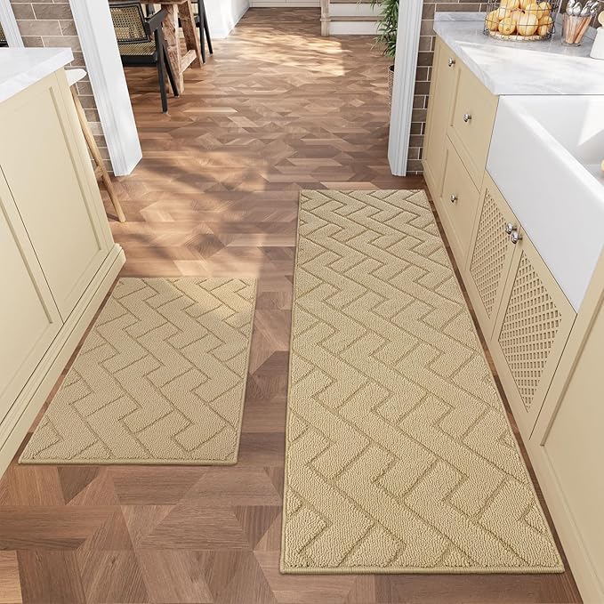 hicorfe Kitchen Rugs and Mats Sets,2 Pieces Super Absorbent Polypropylene Non-Slip Rug,Soft Comfort Floor Mat,Machine Wash for Kitchen,Hallway,Sink,Laundry(20" x 32"+20" x 59",Brown)