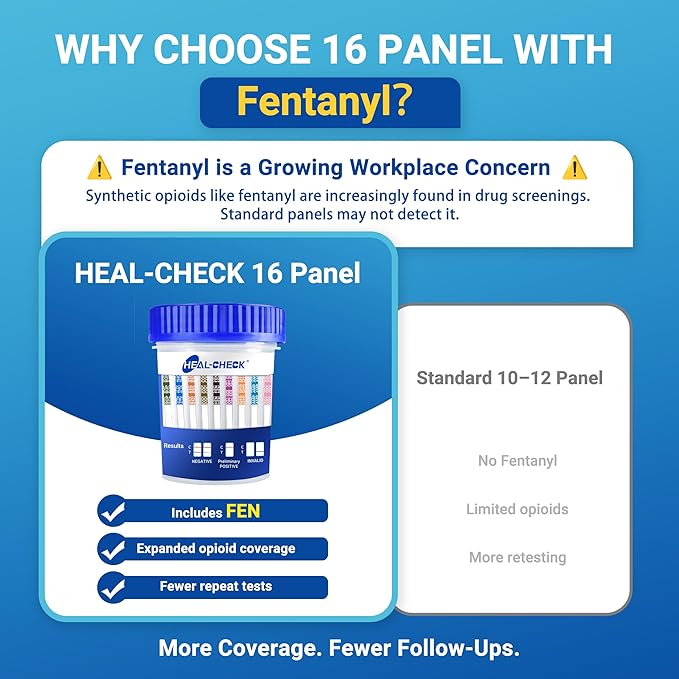 1 Pack 16 Panel Multi Drug Urine Test Kit, HEAL-CHECK Urine Drug Test Cup for Home or Workplace, Screens for Fen (Fentanyl), THC, AMP, BUP, BAR, BZO, COC, MET, MDMA, OPI, MTD, OXY, PCP, PPX, TCA, TML