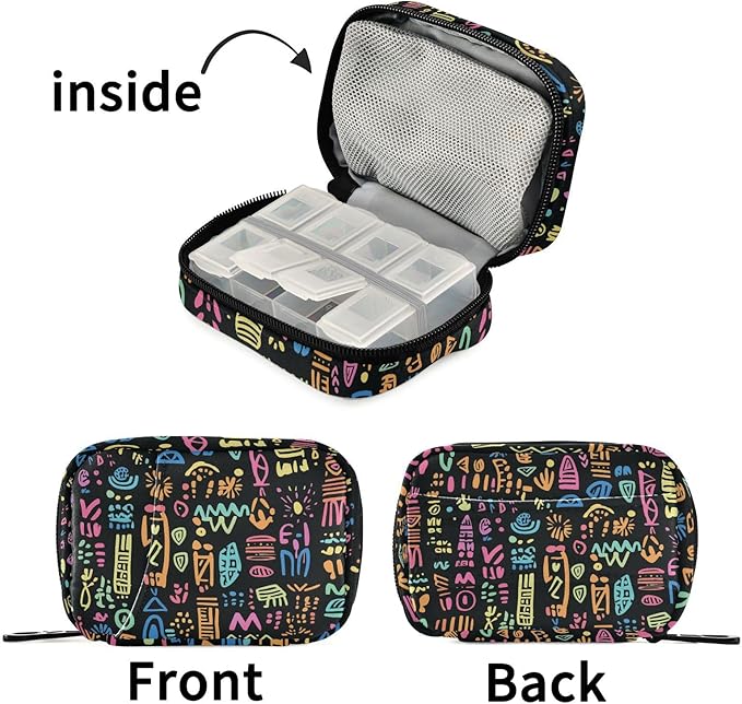 Fustylead Doodle Hand Drawn Tribe Colorful Bright Trendy Ornaments Travel Pill Case Bag with Zipper Weekly Pill Box 8 Compartments 7 Day Personal Pill Case Purse Medicine Case Organizer