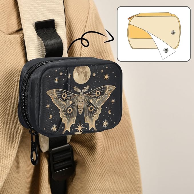 Moth Moon Pill Organizer Travel Bag Compact Twill Pouch with Insert Box & Elastic Slots for Daily Medication Gym & Hotel Use
