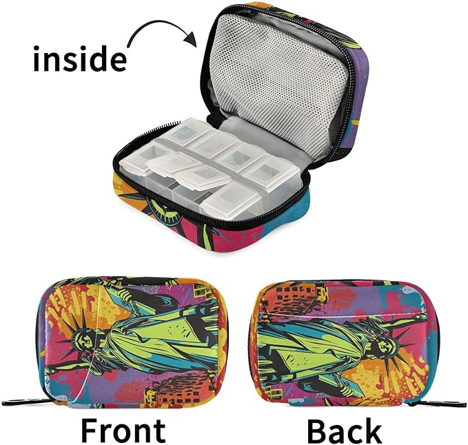 Comic Statue of Liberty Travel Pill Organizer Case Box Container Weekly Portable Vitamin Medicine Holder Storage Bag with Zipper Removable